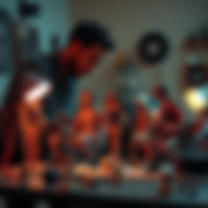 An artist arranging dolls and figures to create poses for art reference