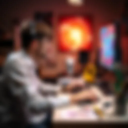 An artist sits at a desk using a computer to generate artwork, with colorful designs on the screen and art supplies nearby.