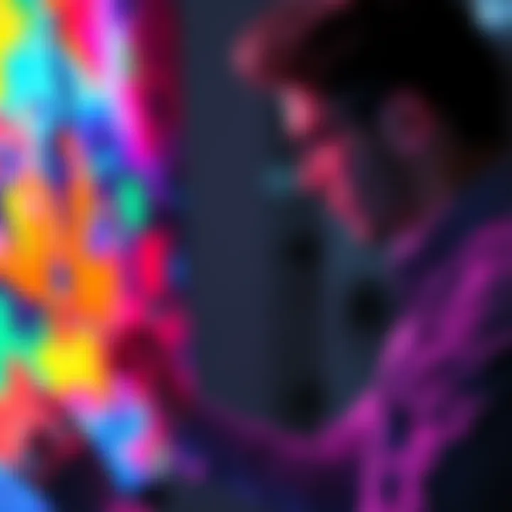 An artist collaborates with advanced technology to produce a colorful painting, showcasing the blend of creativity and machines.