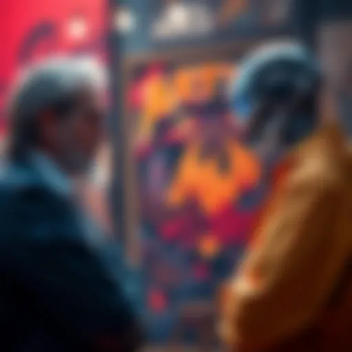 An artist and a supporter of AI engage in a heated discussion, showcasing the clash between traditional art and technology.