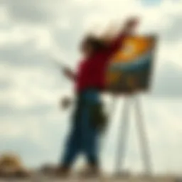 An artist stands outside, trying to capture the movement of baggy pants in the wind, with canvas and paintbrush in hand, showing a lighthearted approach to fashion.