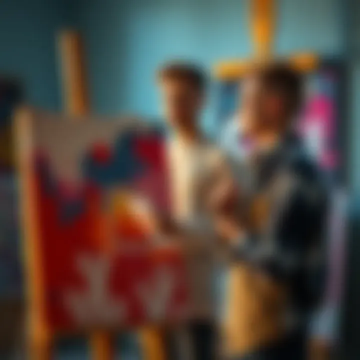 An artist standing in front of a canvas, holding a paintbrush, looking thoughtful about creativity and technology in art.