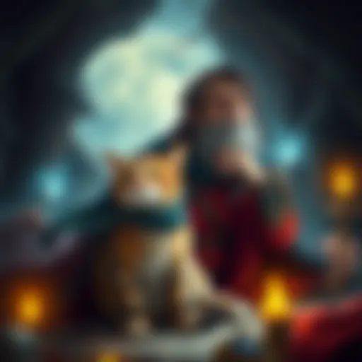A fantasy scene featuring the artist and their cat, both dressed in Dungeons & Dragons-inspired outfits, surrounded by magical elements.