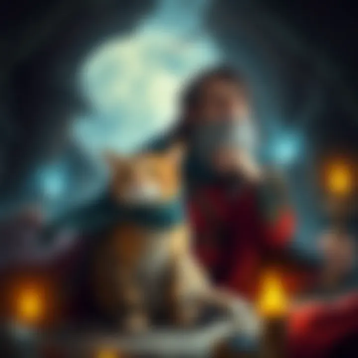 A fantasy scene featuring the artist and their cat, both dressed in Dungeons & Dragons-inspired outfits, surrounded by magical elements.