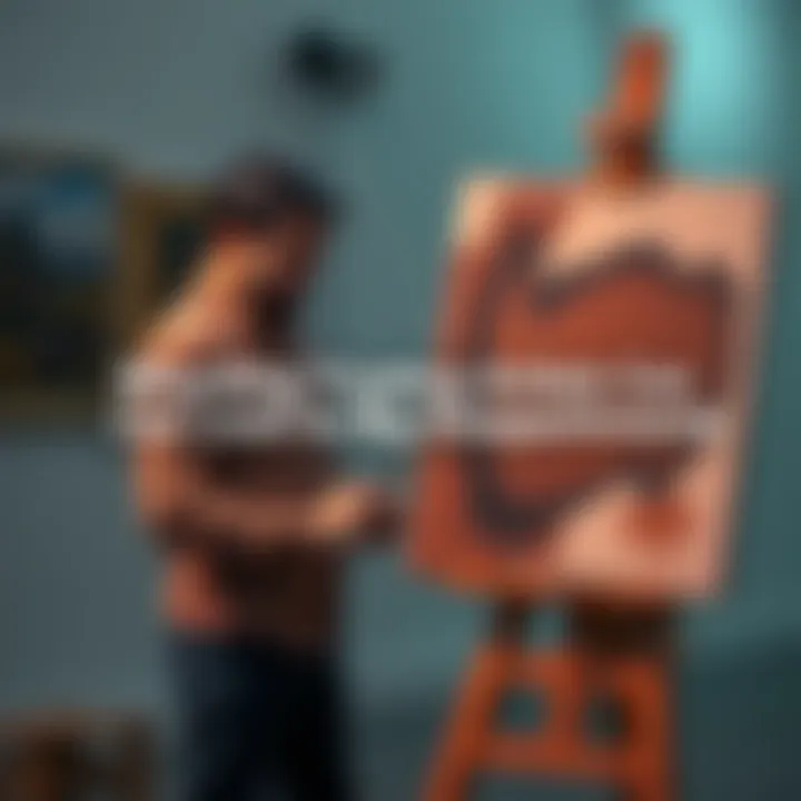 An artist stands in front of a canvas, looking frustrated while holding a paintbrush.