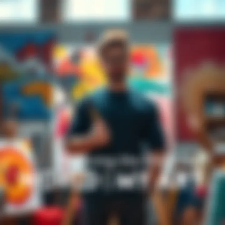 An artist stands in front of a canvas, holding a paintbrush, surrounded by colorful art supplies and canvases.