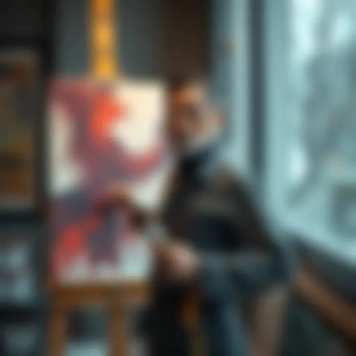 A traditional artist stands in front of a canvas, holding a paintbrush and looking contemplative about AI's role in art.