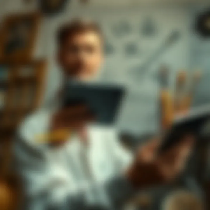 An artist holds a digital tablet in one hand and traditional drawing tools in the other, looking contemplative.