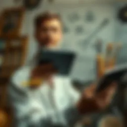 Artist with Tablet and Traditional Tools An artist holds a digital tablet in one hand and traditional drawing tools in the other, looking contemplative.