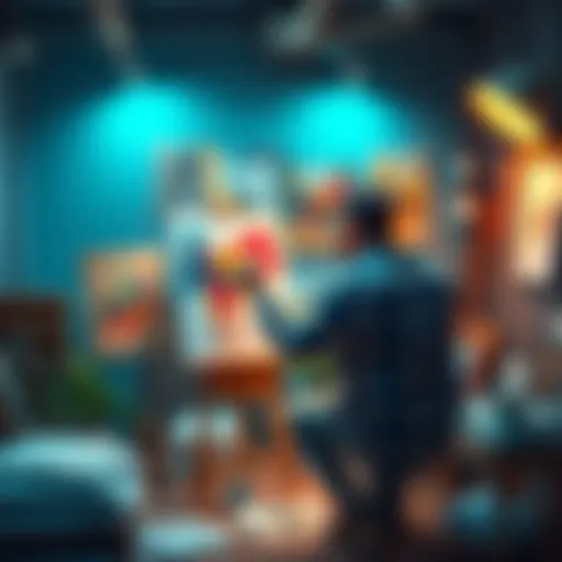 An artist painting on a canvas in a studio, surrounded by art supplies and sketches