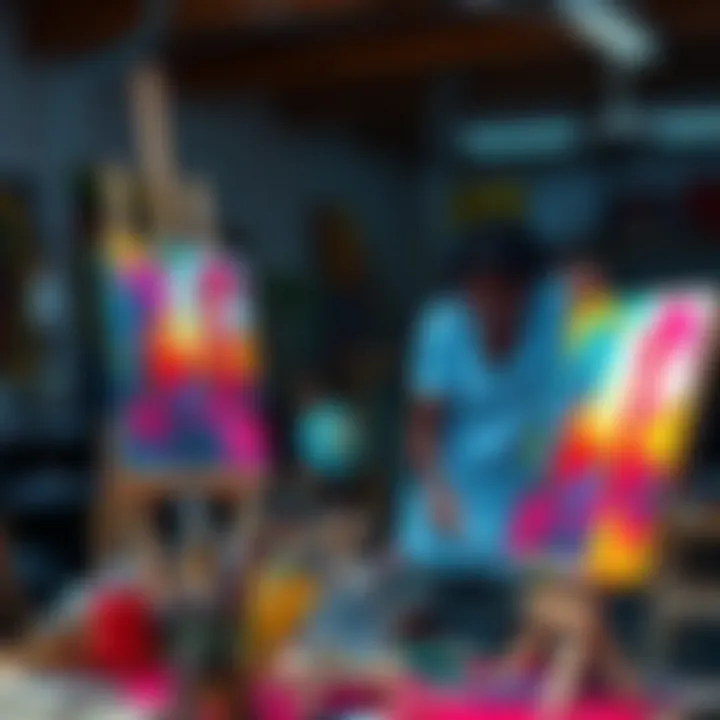 An artist focused on creating a colorful painting in a studio surrounded by art supplies.