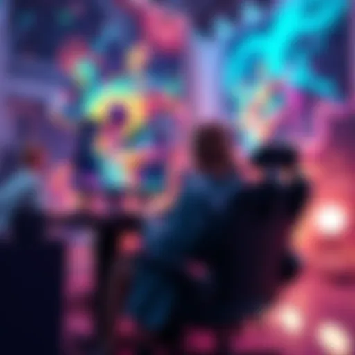 A person sitting at a computer creating art using artificial intelligence software, surrounded by colorful digital artwork on the screen.