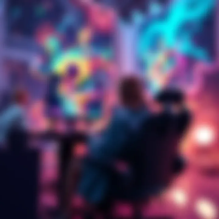 A person sitting at a computer creating art using artificial intelligence software, surrounded by colorful digital artwork on the screen.