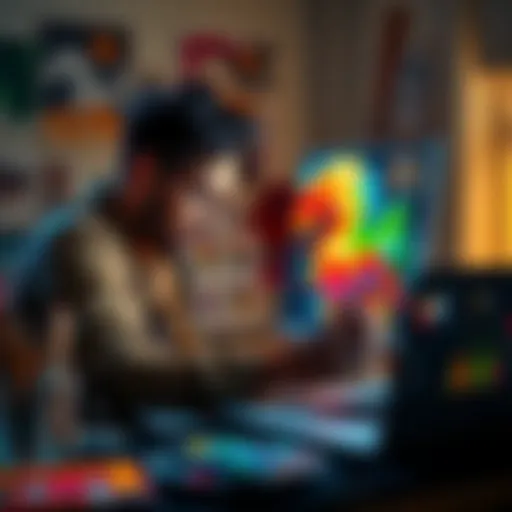 An artist focused on a digital canvas, using AI tools to create vibrant artwork, surrounded by colorful paint supplies and a laptop displaying creative software.