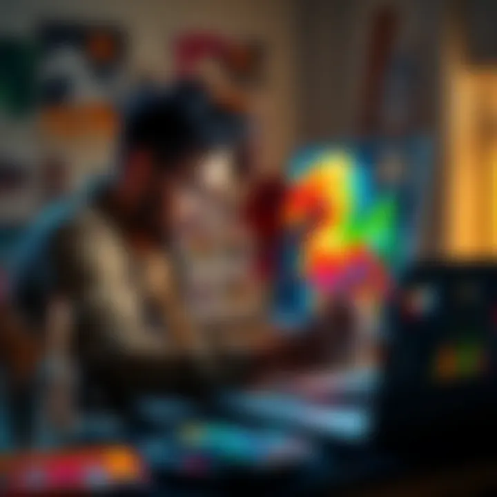 An artist focused on a digital canvas, using AI tools to create vibrant artwork, surrounded by colorful paint supplies and a laptop displaying creative software.