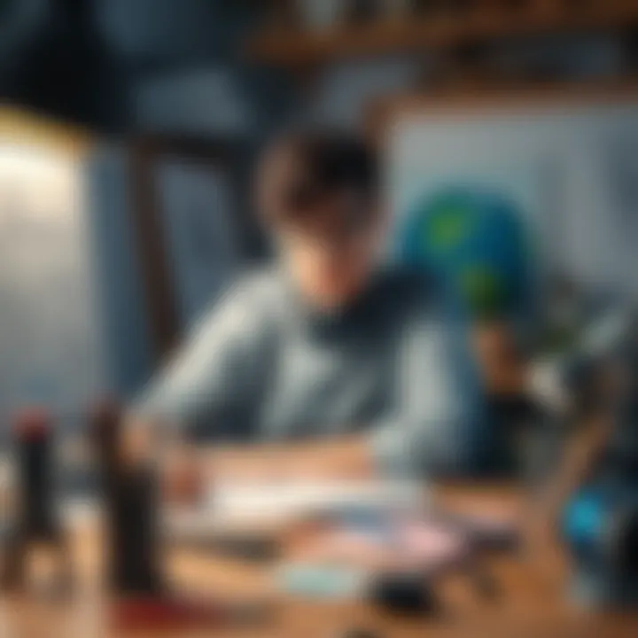 An artist looks concerned while working at a desk surrounded by sketches and digital tools, symbolizing the impact of AI on their job security.