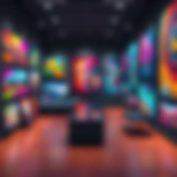 A selection of colorful AI-generated artworks displayed in a gallery setting, showcasing various styles and themes.