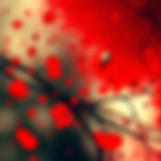 A vibrant artwork showcasing dominant red hues with abstract shapes representing emotional themes.
