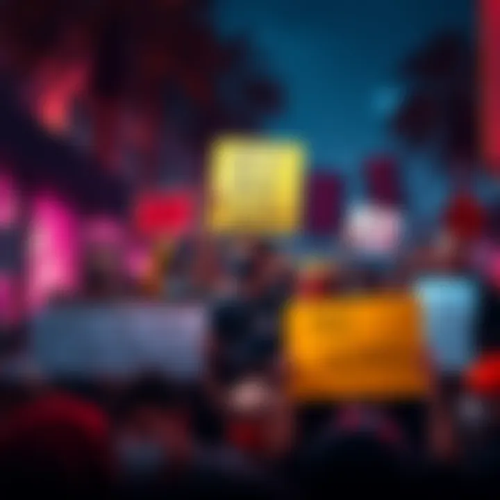 A group of artists holding signs in a vibrant rally, voicing their concerns about image tracing in the art community