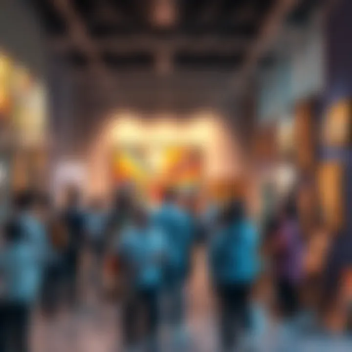 A diverse group of people engaging with various forms of art in a vibrant community space, showcasing paintings and sculptures.