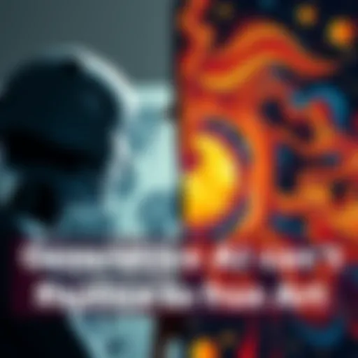 A split image showing a human artist painting on one side and a computer generating art on the other, symbolizing the discussion on generative AI in art.