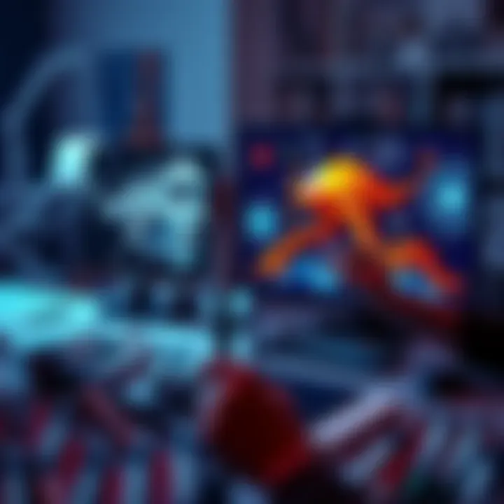 An artist sketches on a canvas while a computer displays AI-generated artwork, symbolizing the clash between traditional and AI art.