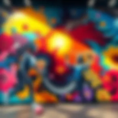 Artistic expression without limits A vibrant mural illustrating the contrast between freehand art and AI-generated designs, showing a mix of creativity and technology