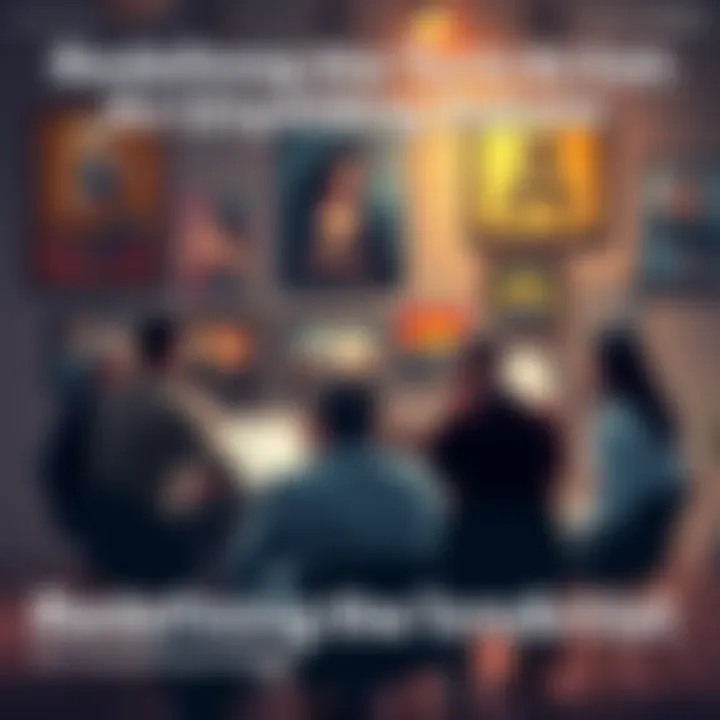 A group of people engaging in a lively debate about the definition of artist, surrounded by various art pieces.