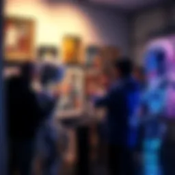 A diverse group of artists and AI figures engaging in a discussion, surrounded by various art pieces and digital screens.
