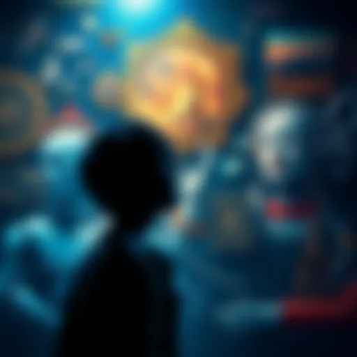 A person reflecting on the impact of AI in art, surrounded by traditional and digital art pieces.
