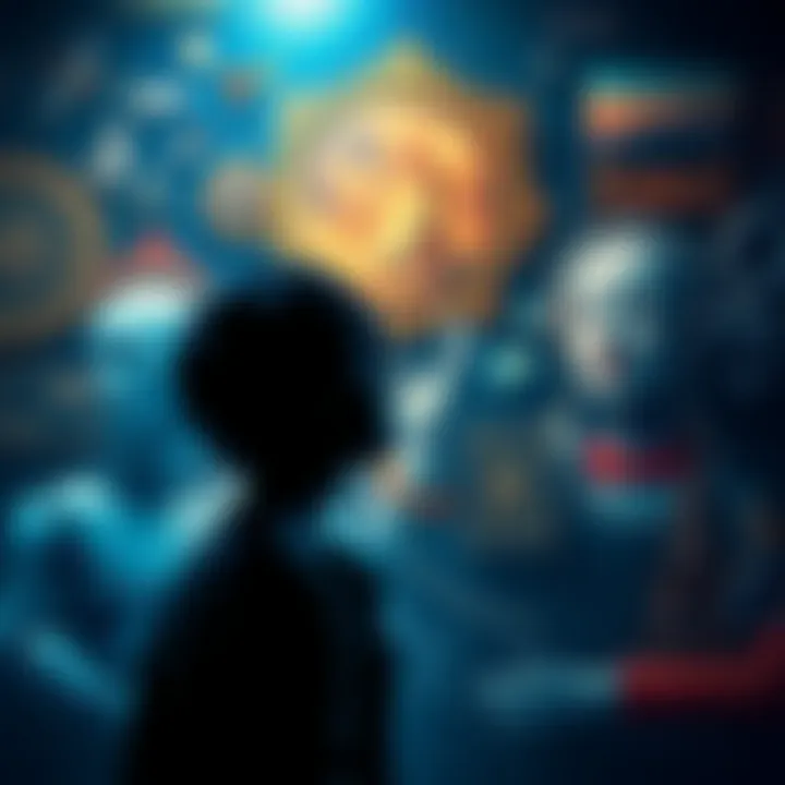 A person reflecting on the impact of AI in art, surrounded by traditional and digital art pieces.