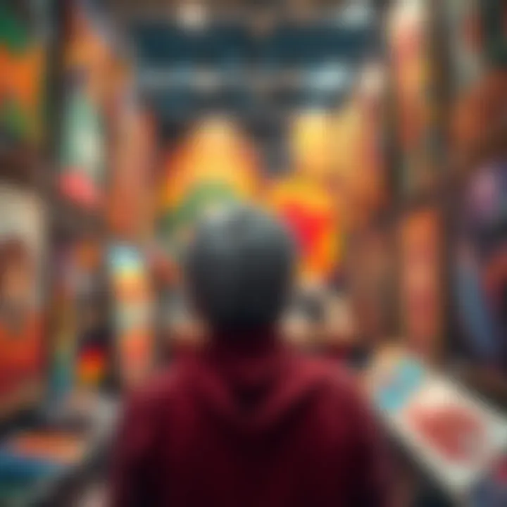 An artist reflects on their creative journey surrounded by vibrant artwork on display.