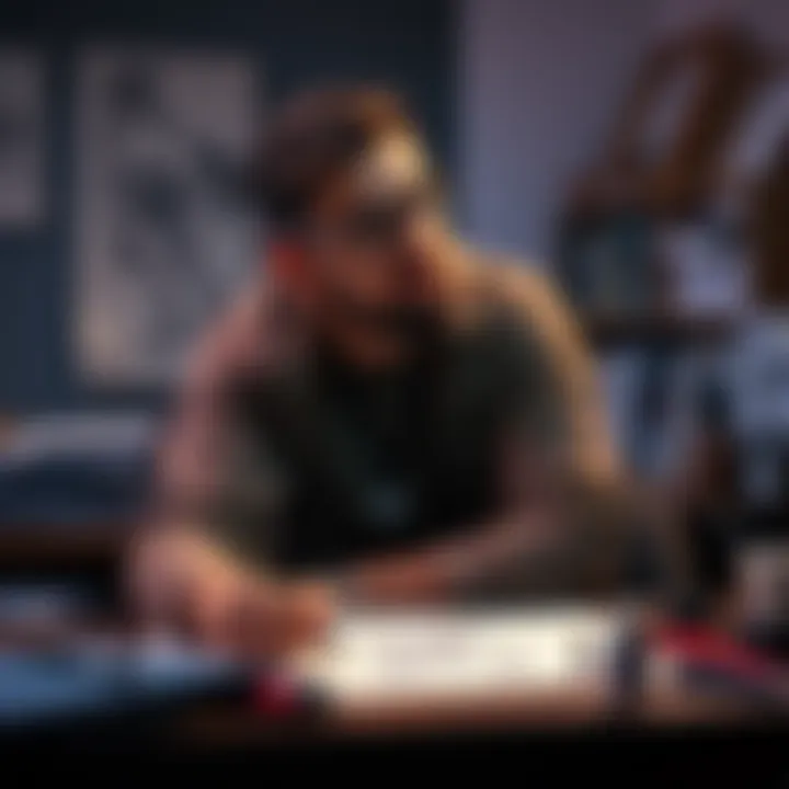 An artist contemplating the sale of their digital models, surrounded by sketches and digital tools, representing creativity and ownership.