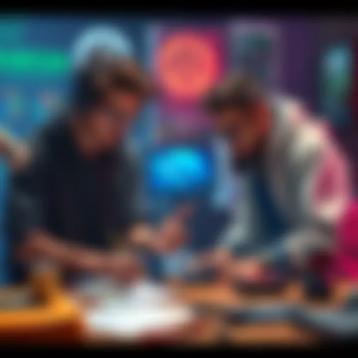 Two artists discussing game engines with notes and sketches on a table