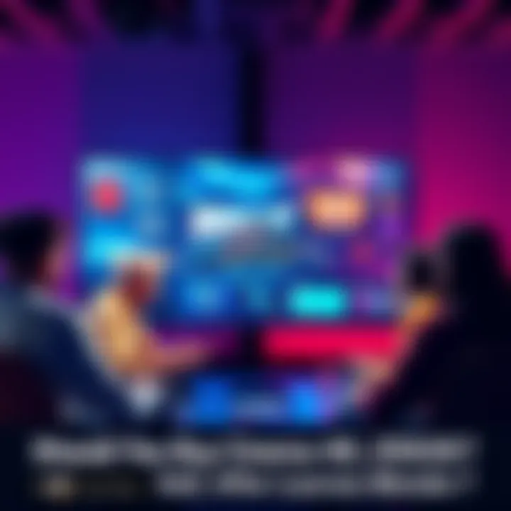 A group of artists discussing the features of Cinema 4D and Blender, with visuals of software interfaces on a screen