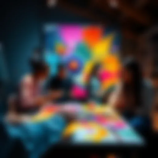 A group of artists working on a colorful canvas that blends traditional painting and digital art using AI tools.