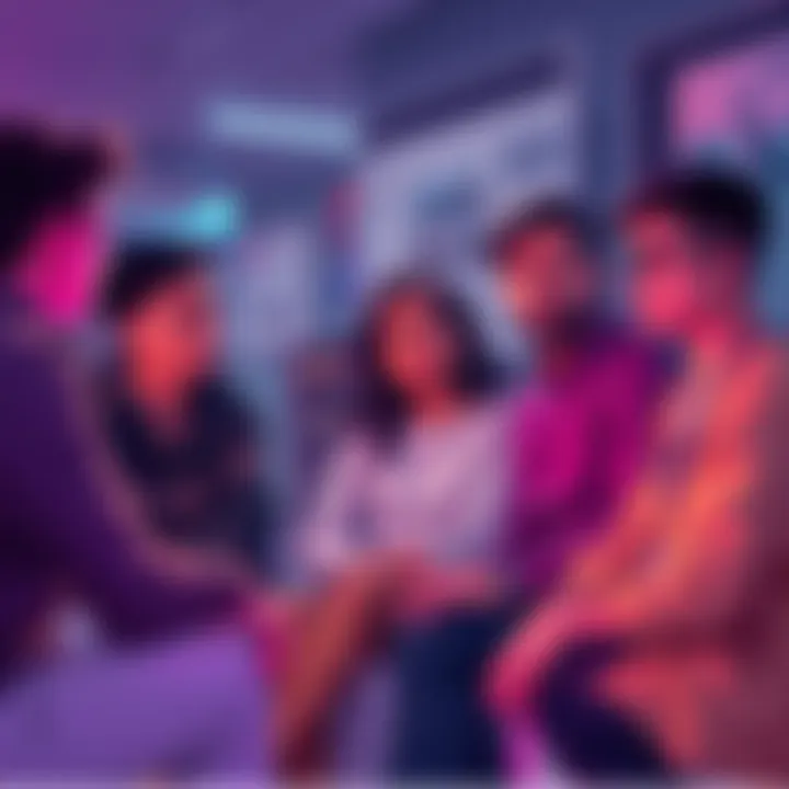 A group of artists sitting together, talking with worried expressions about the effects of AI on their work and compensation