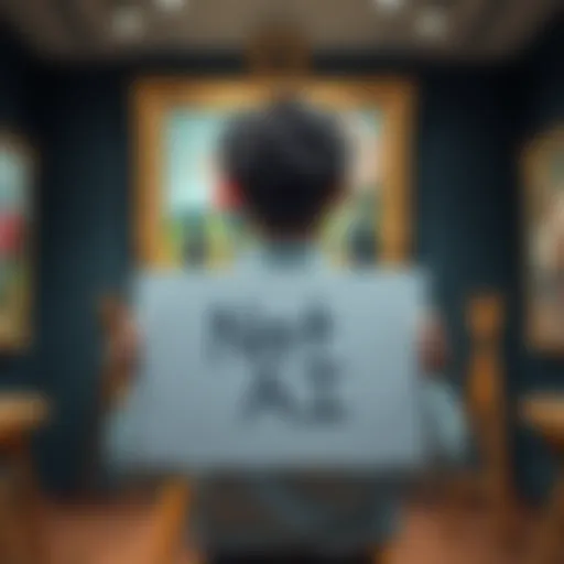 An artist showcasing their painting with a sign saying 'Not AI' in a gallery setting, highlighting the trend of marketing art as human-created.