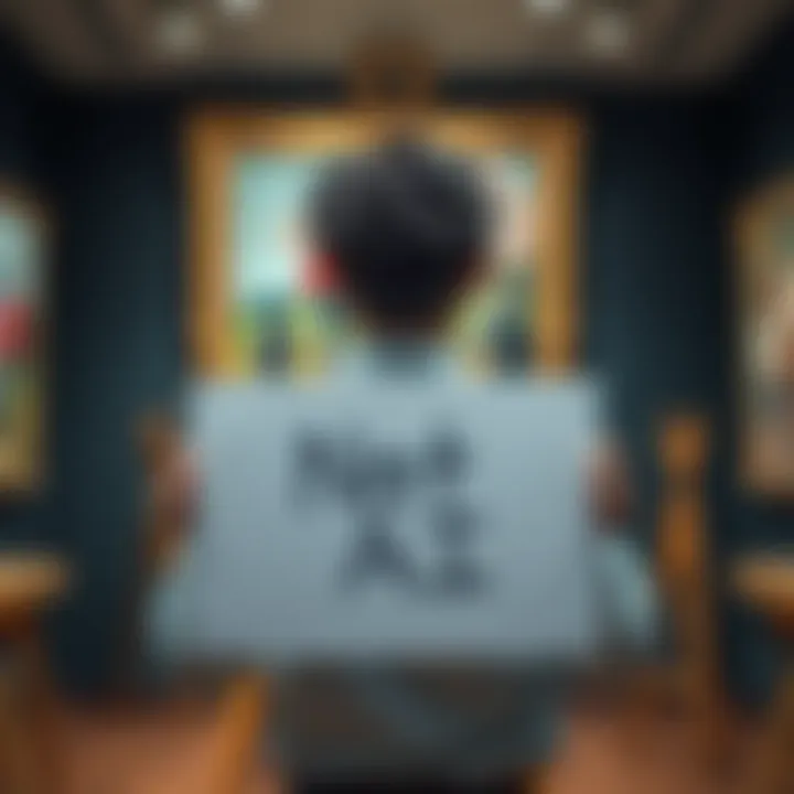An artist showcasing their painting with a sign saying 'Not AI' in a gallery setting, highlighting the trend of marketing art as human-created.