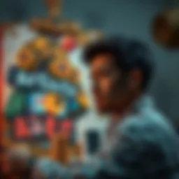 A worried artist looks at a canvas with digital elements emerging, representing AI and ownership issues.