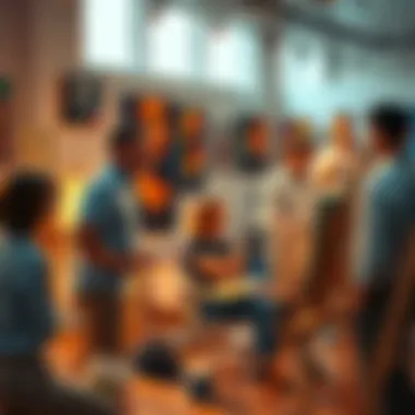 A group of artists painting and discussing their work in a bright studio, surrounded by colorful artwork.