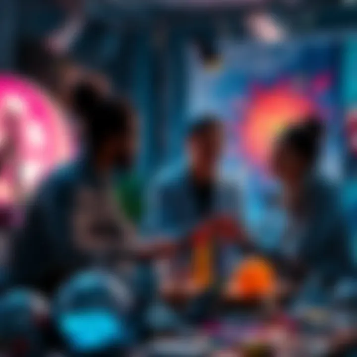 A group of artists brainstorming and working together with AI tools to create art