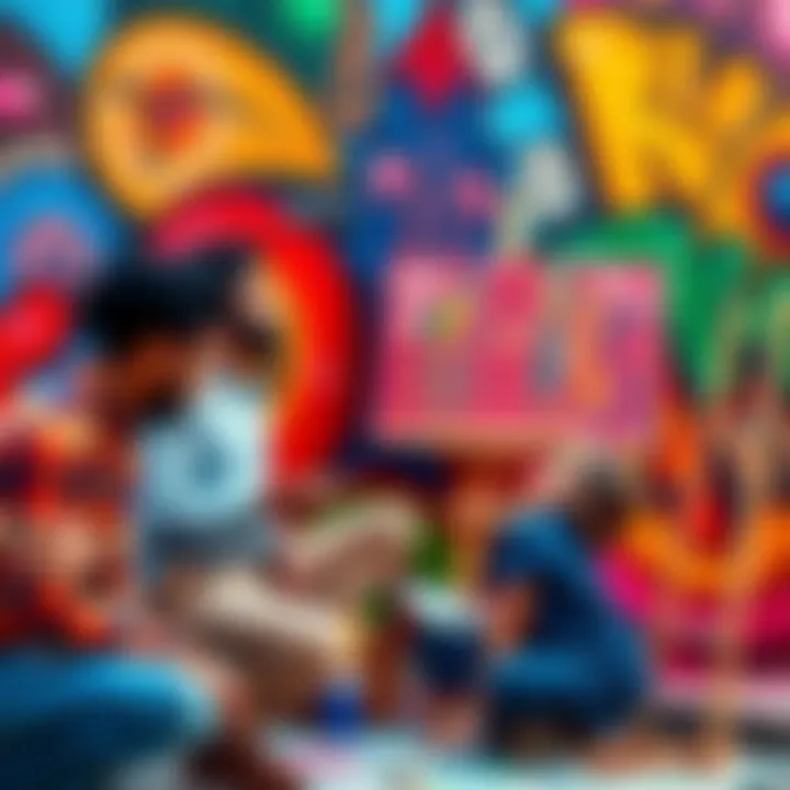 A group of artists painting a colorful mural together, showcasing their teamwork and creativity after a scam incident