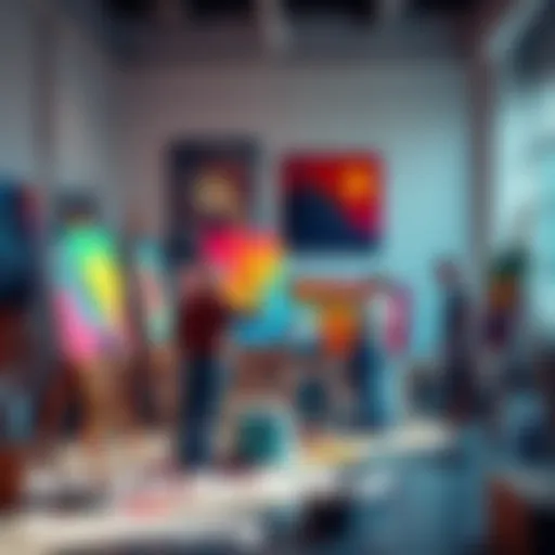 Artists creating vibrant artworks together A group of artists collaborating on colorful paintings in a bright studio