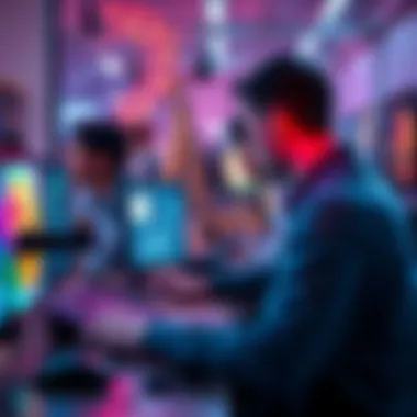 Group of artists brainstorming while working on AI-generated images and videos on computers