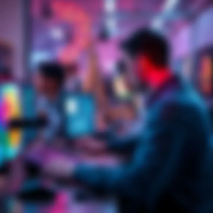 Group of artists brainstorming while working on AI-generated images and videos on computers
