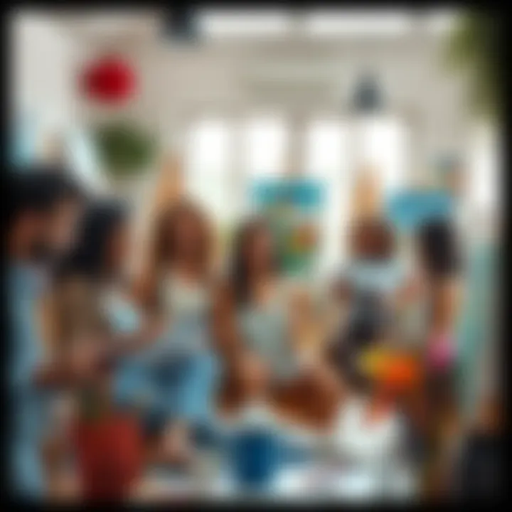 A group of diverse artists joyfully painting and sharing ideas in a bright studio filled with colorful art supplies.