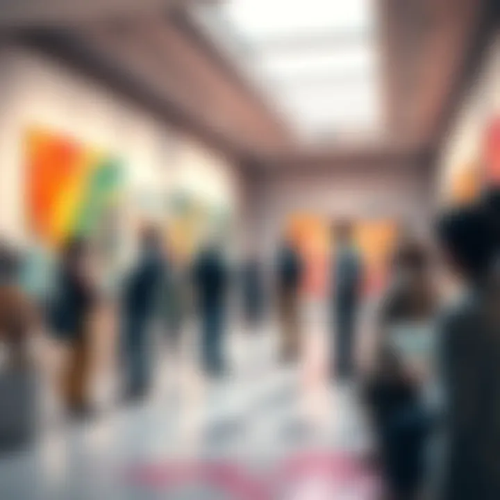 A heated discussion between artists at a gallery, some using digital tools, while others work on traditional canvases