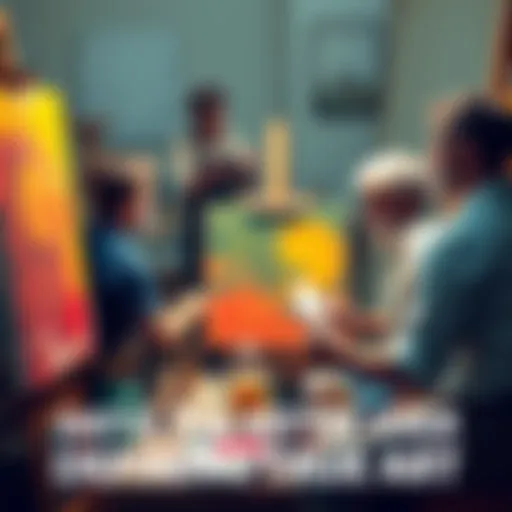 A group of artists passionately discussing their views on what defines true art, with paintbrushes and canvases around them.
