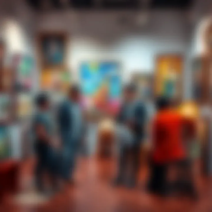 A group of artists discussing the importance of effort versus appearance in art, surrounded by various artworks